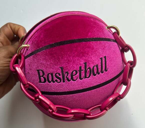 Hot Pink Velvet Basketball Shape Hand Bag with Pink Chain - Picture 6 of 7